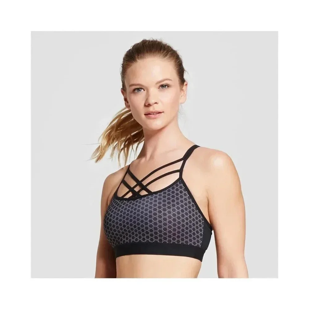 SMALL Champion N9687 C9 Strappy‎ Front Cami Wire Free Sports Bra Black Print NWT